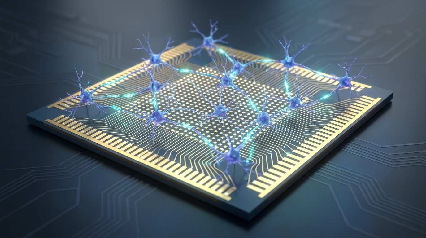 Human neurons forming a network on a high-density microelectrode array