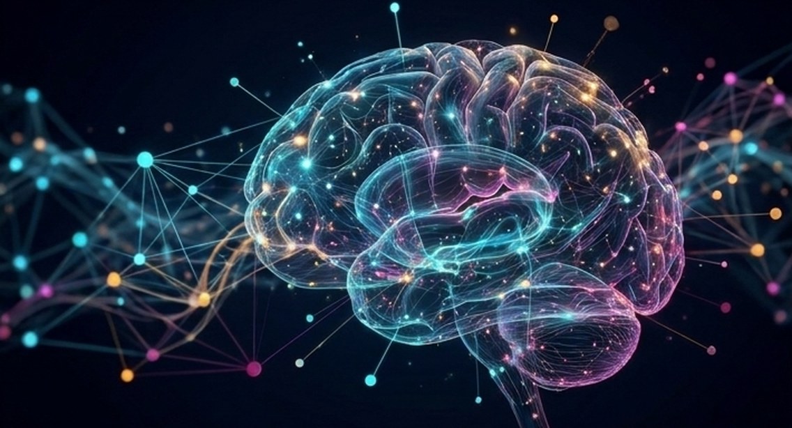 A luminous wireframe human brain emerging from a web of connected neural nodes