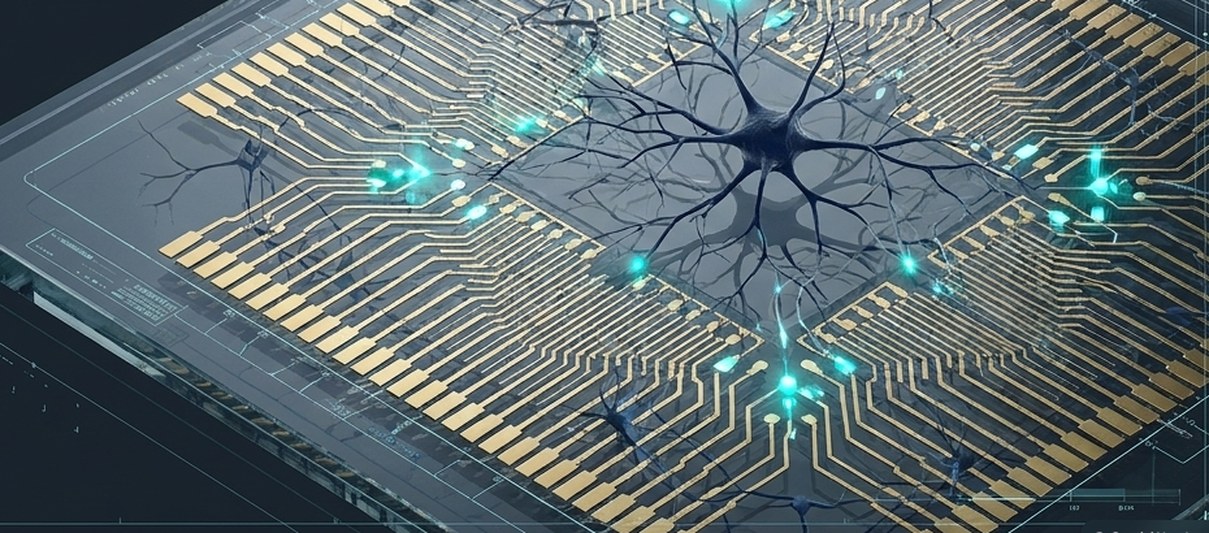 A human neuron growing across a high-density microelectrode array, its activity lighting up the electrodes