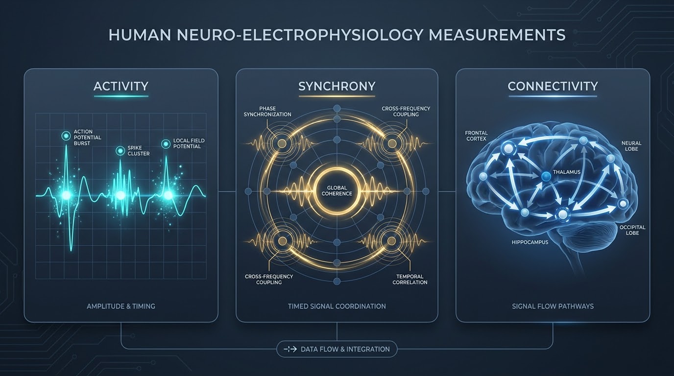 Human neuro-electrophysiology measurements: activity, synchrony and connectivity